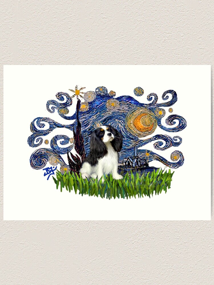Alternate view of Starry Night Free Form with a Cavalier King Charles Spaniel (tri colored) Art Print