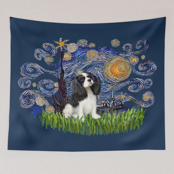 Item preview, Starry Night Free Form with a Cavalier King Charles Spaniel (tri colored) designed and sold by JeanBFitzgerald.