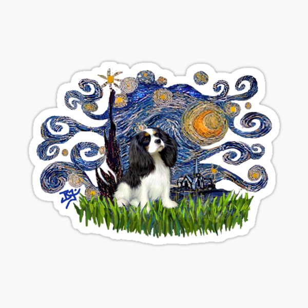 Starry Night Free Form with a Cavalier King Charles Spaniel (tri colored) Sticker