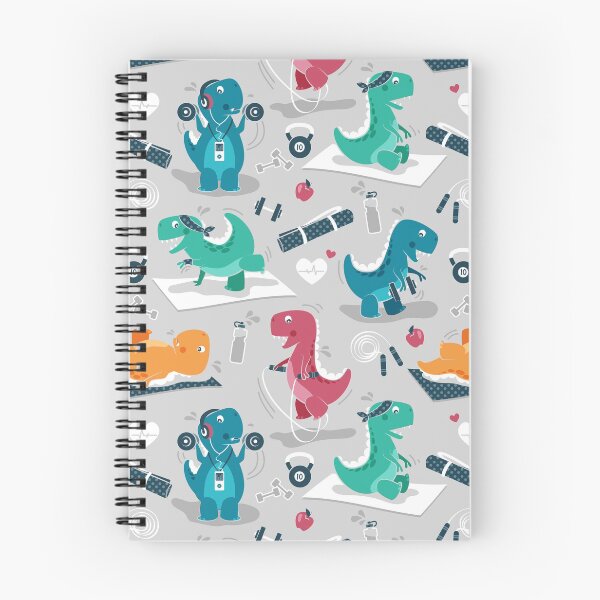 Item preview, Fitness exercises for a dino // grey background red teal green and orange t-rex dinosaurs designed and sold by SelmaCardoso.