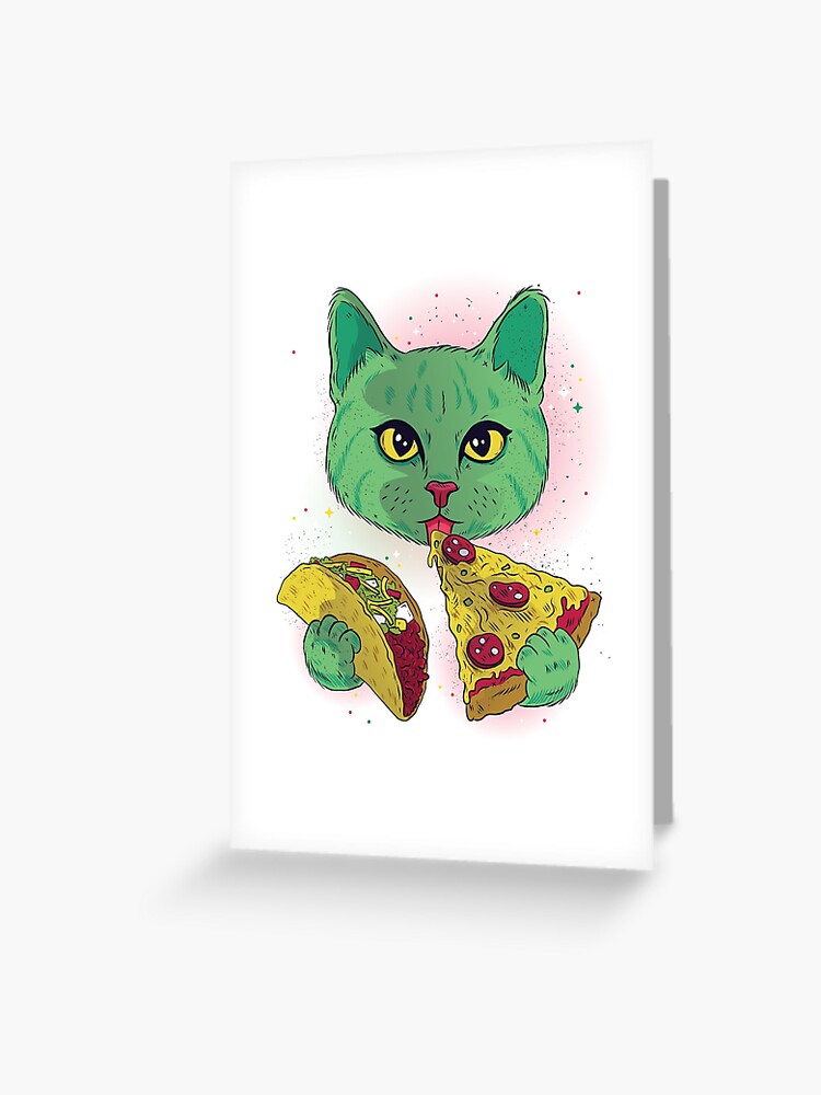 Carte De Vœux Funny Space Space Chat Qui Mange Une Pizza Et Un Taco Par Retrolendo Redbubble