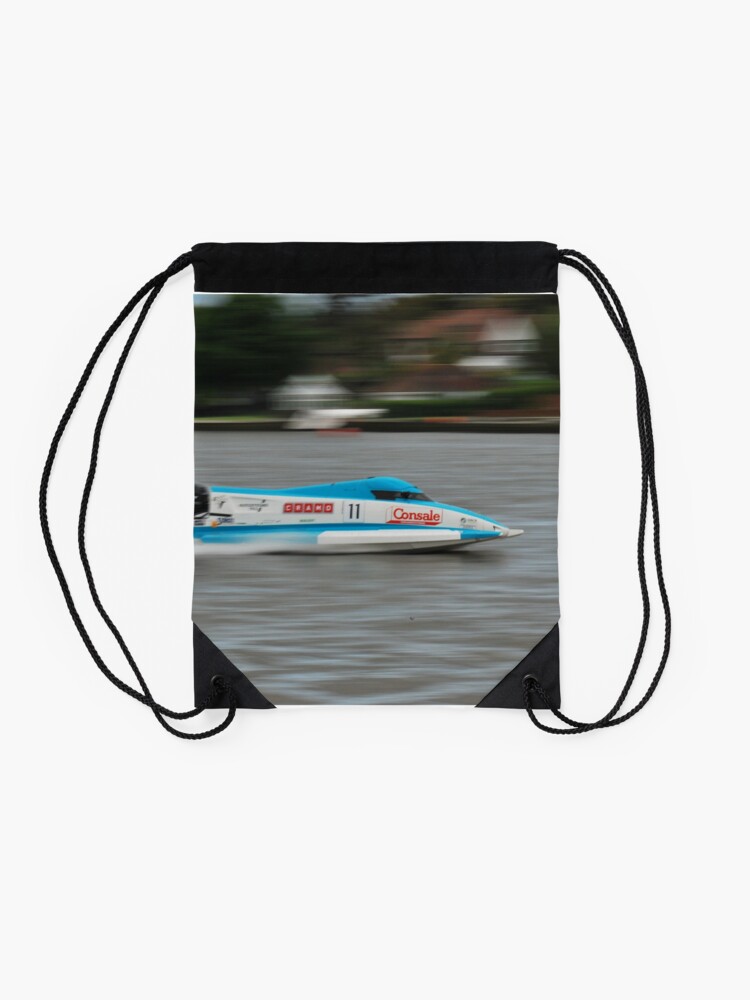Alternate view of Powerboat Racing at Oulton Broad - Scott Curtis - Formula Grand Prix Drawstring Bag
