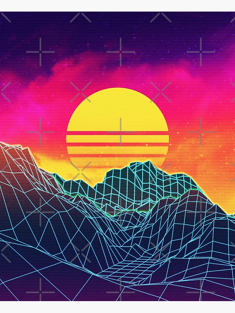 Neon glowing sun grid mountain retro 80s design | Art Print