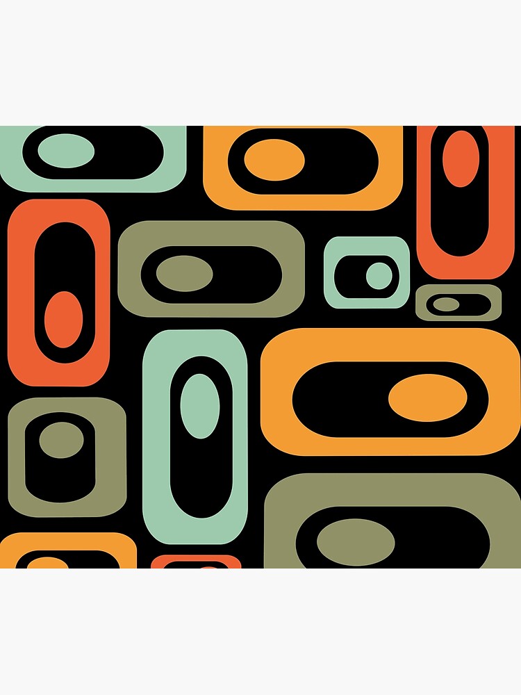 Mid-Century Modern Utopia: Retro Atomic Age Pattern in Celadon, Olive, and Orange on Black. by kierkegaard