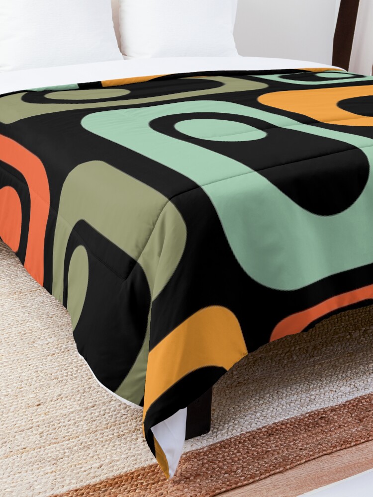 Alternate view of Mid-Century Modern Utopia: Retro Atomic Age Pattern in Celadon, Olive, and Orange on Black. Comforter