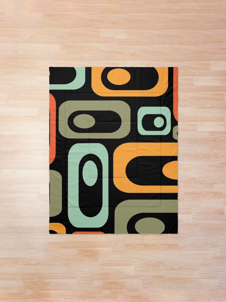 Alternate view of Mid-Century Modern Utopia: Retro Atomic Age Pattern in Celadon, Olive, and Orange on Black. Comforter