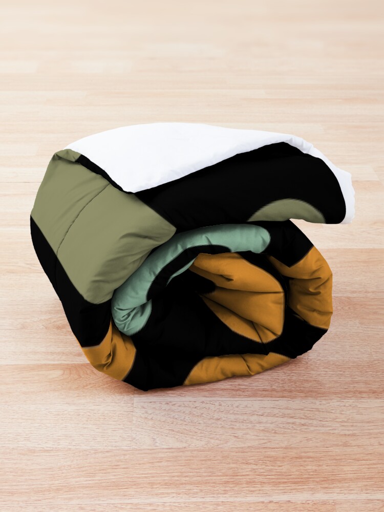Alternate view of Mid-Century Modern Utopia: Retro Atomic Age Pattern in Celadon, Olive, and Orange on Black. Comforter