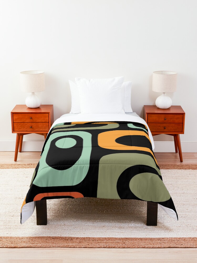 Alternate view of Mid-Century Modern Utopia: Retro Atomic Age Pattern in Celadon, Olive, and Orange on Black. Comforter