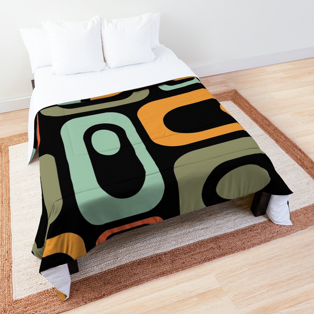 Mid-Century Modern Utopia: Retro Atomic Age Pattern in Celadon, Olive, and Orange on Black. Comforter