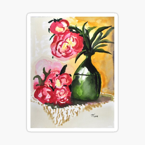 Green Vase with Peonies, Watercolour Sticker