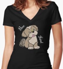 Bee Kind Sweet Lhasa Apso Dog Design Fitted V-Neck T-Shirt with White Text Fitted V-Neck T-Shirt