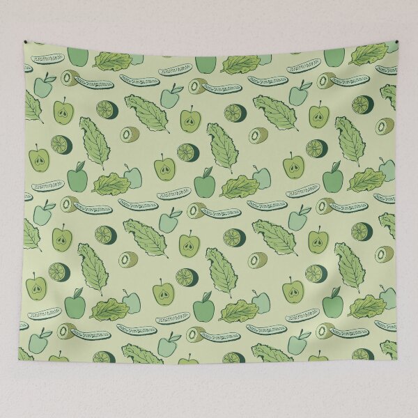 Item preview, Cucumbers, peas, kiwi, apples, limes and greens on a light green background. designed and sold by zatmeniee.