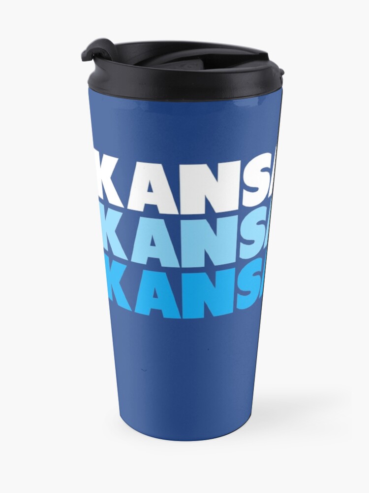Alternate view of Retro KC Royal Blue & Light Blue Kansas City Crown Town KC Baseball Fans Wear Kansas city KC Face mask Kansas City facemask Travel Mug