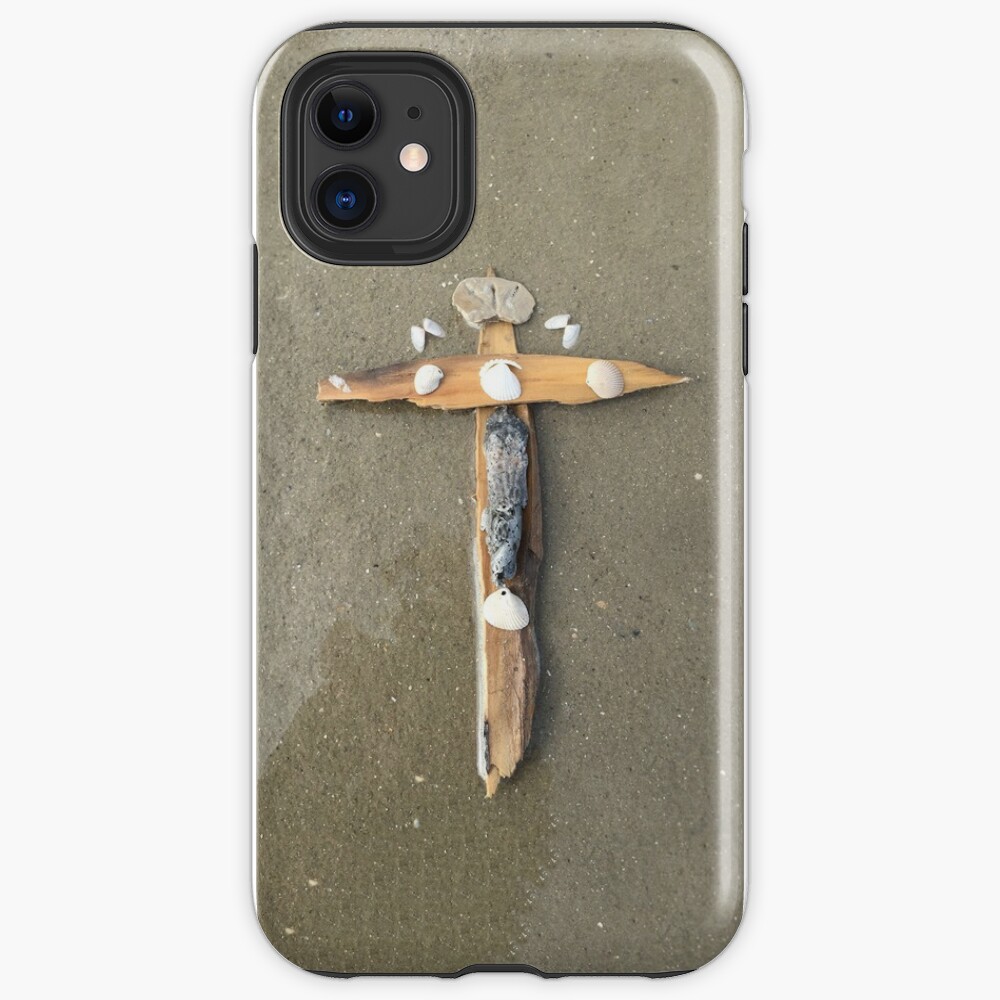 Driftwood cross on beach sand - From ccnow.info iPhone Case & Cover