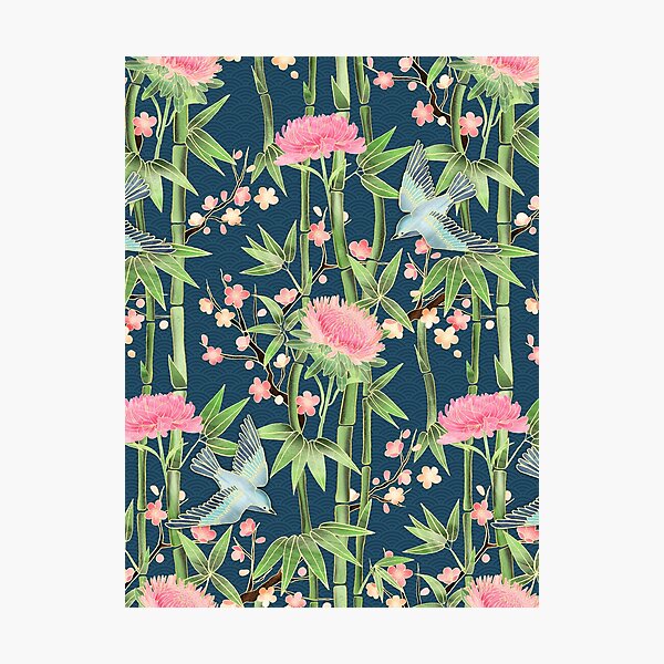 Item preview, Bamboo, Birds and Blossom - dark teal designed and sold by micklyn.