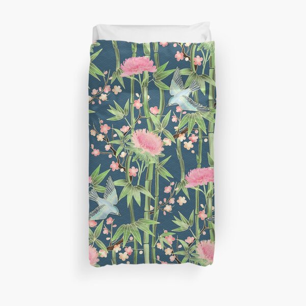 Bamboo, Birds and Blossom - dark teal Duvet Cover