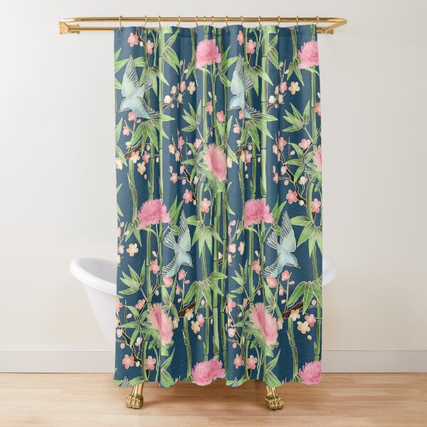 Bamboo, Birds and Blossom - dark teal Shower Curtain