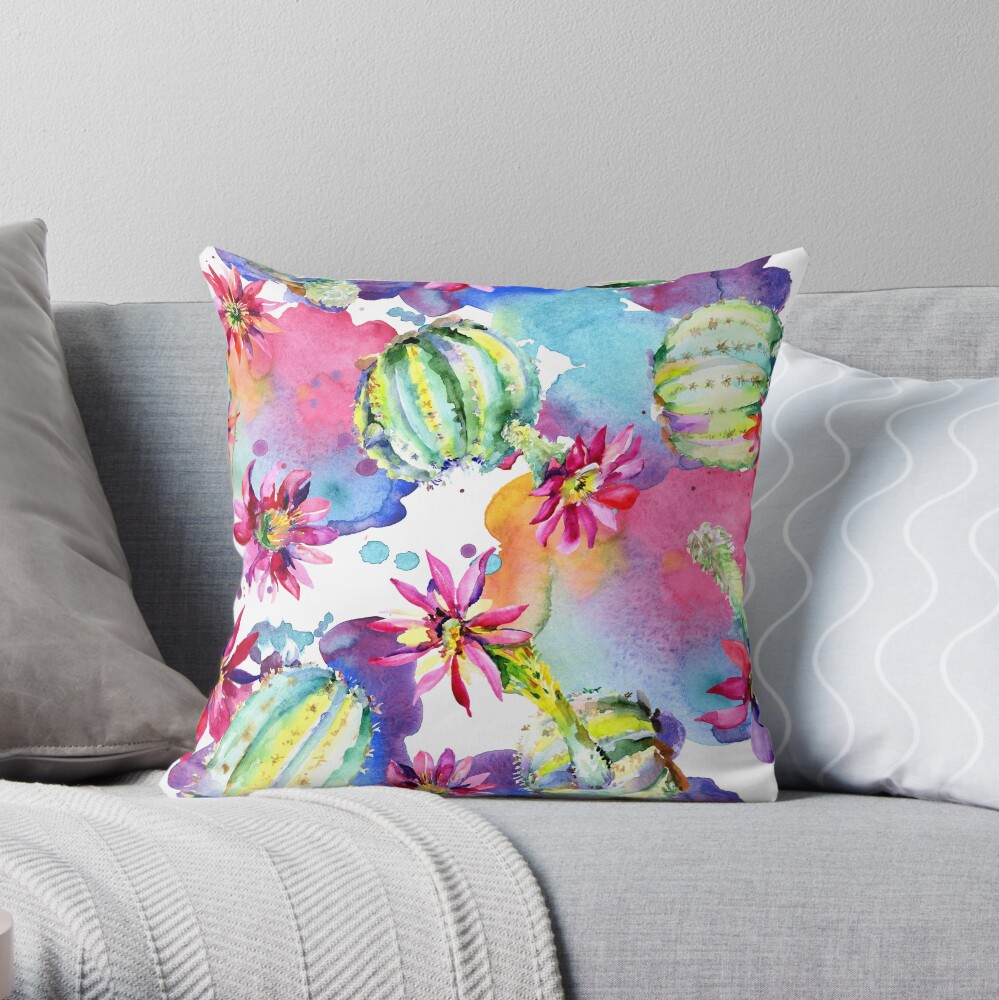 Colourful Watercolour Floral Cactus Plants Throw Pillow