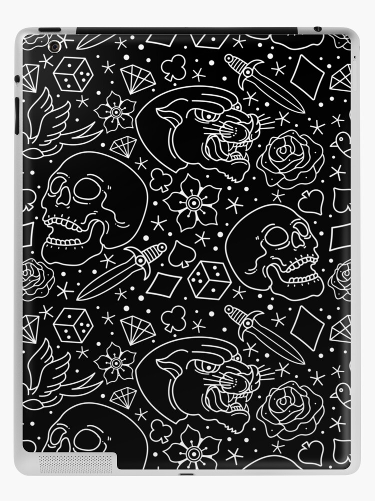 Old school white tattoos pattern on black background Old school white tattoos pattern on black background