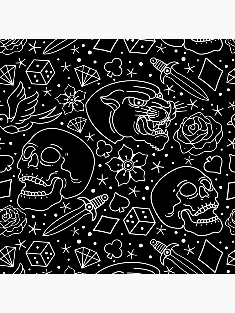 Old school white tattoos pattern on black background Old school white tattoos pattern on black background