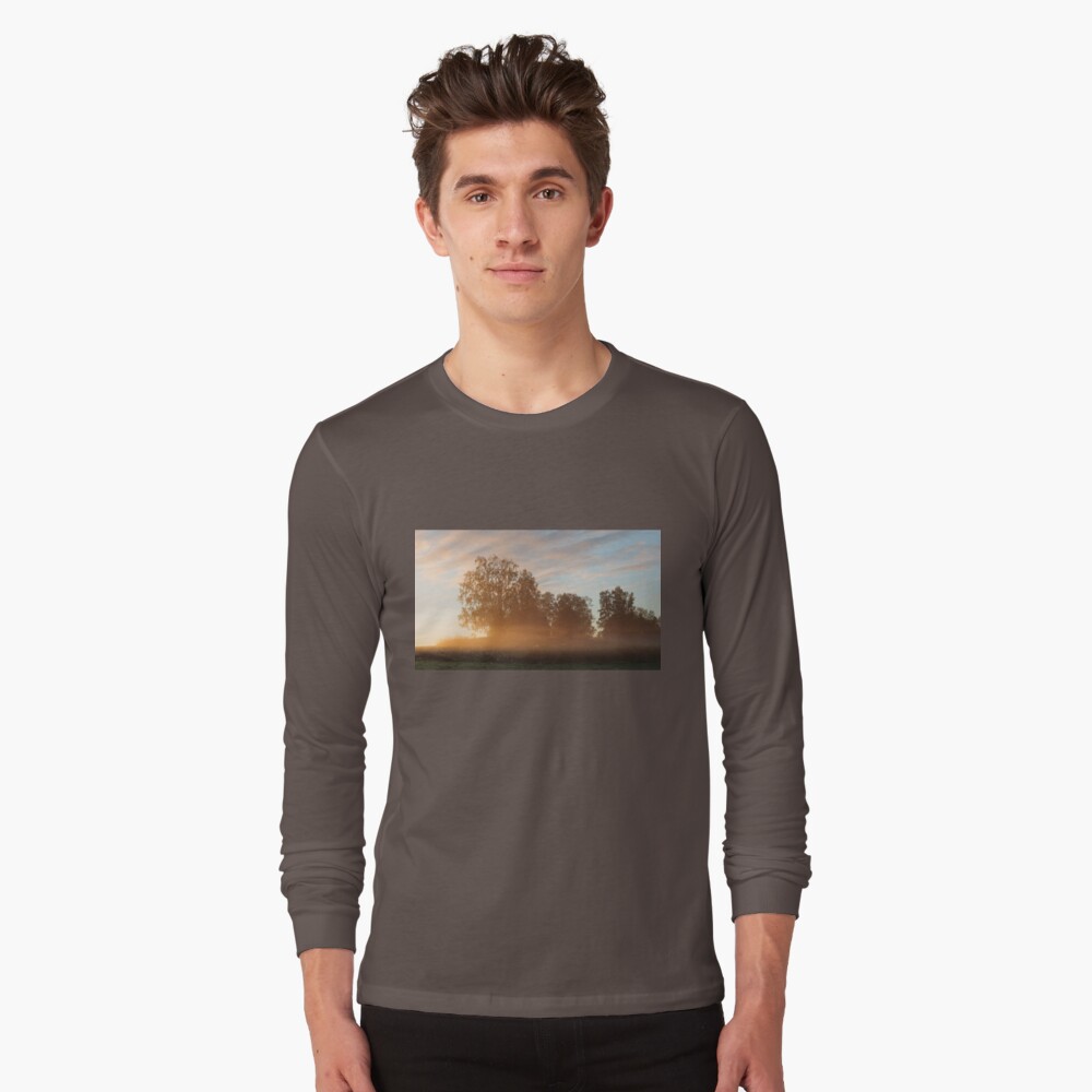 Misty meadow landscape sunrise Long Sleeve T-Shirt