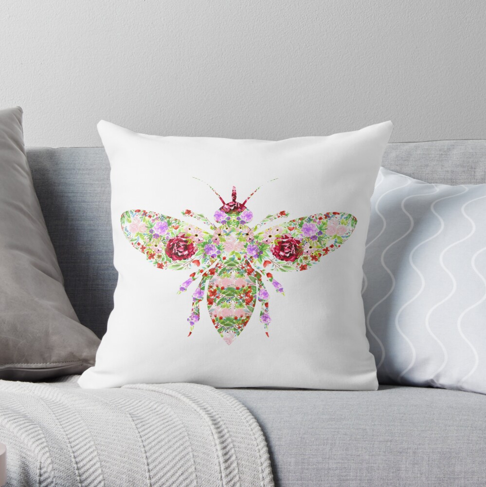 Floral Worker Bee Throw Pillow