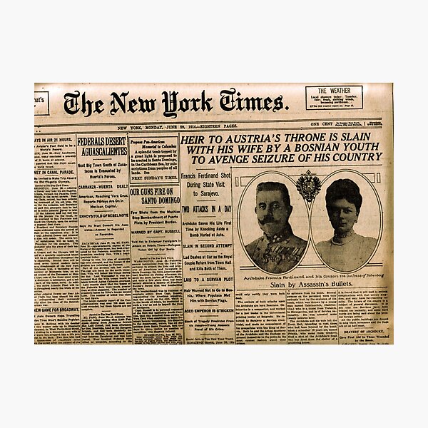 Newspaper article on the assassination of Archduke Franz Ferdinand. Old Newspaper, 28th June 1914, #OldNewspaper #Newspaper Photographic Print