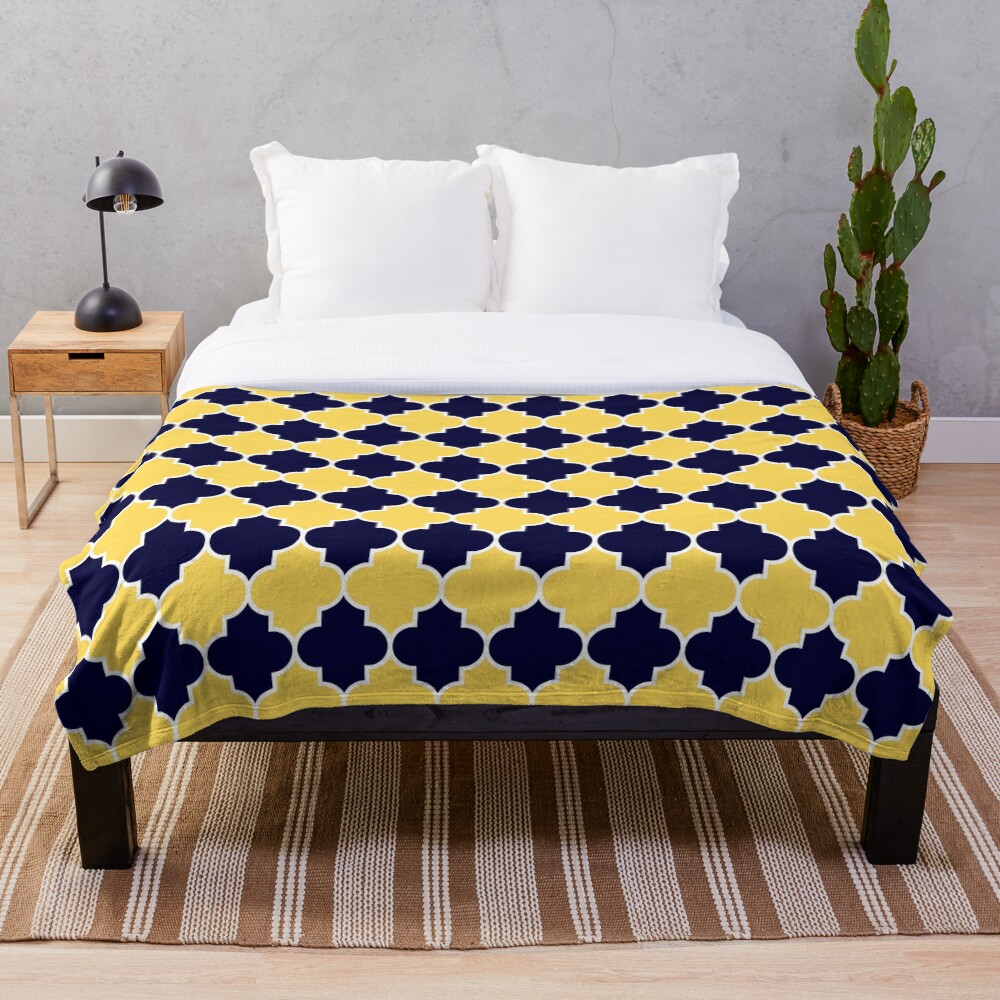 "Quatrefoil Mustard Yellow Navy Blue" Throw Blanket for Sale by