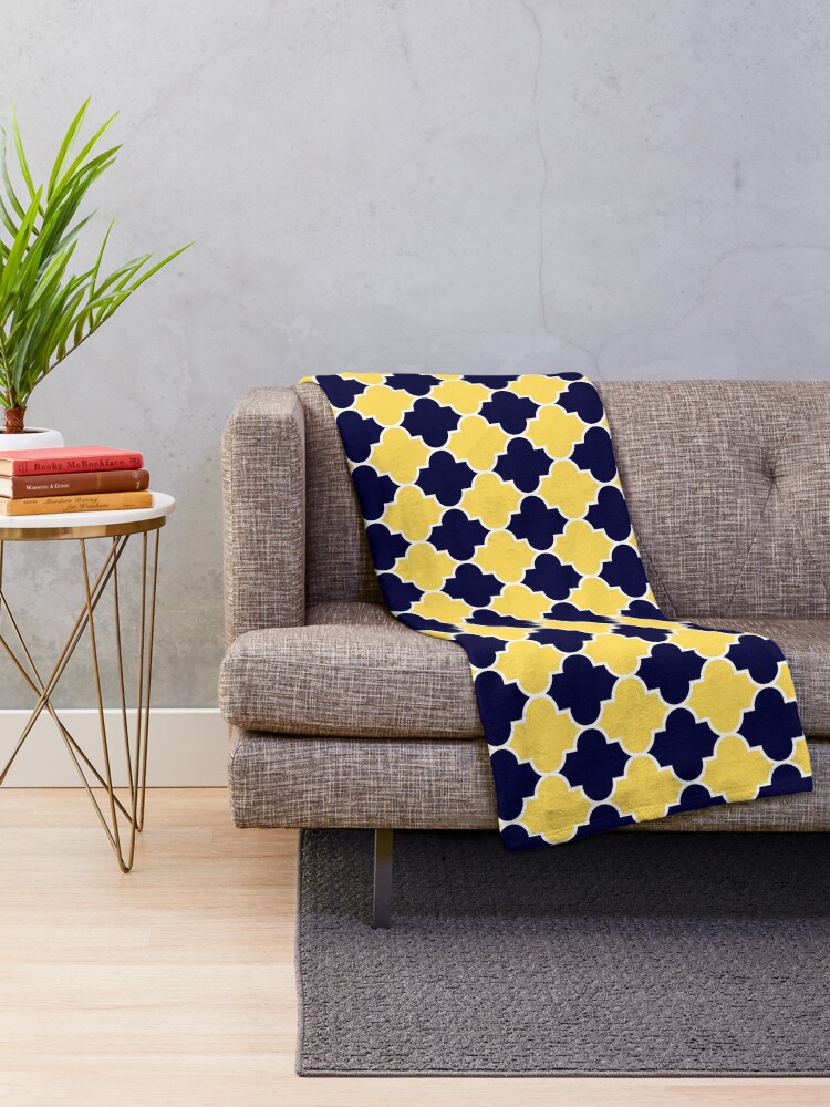 "Quatrefoil Mustard Yellow Navy Blue" Throw Blanket for Sale by
