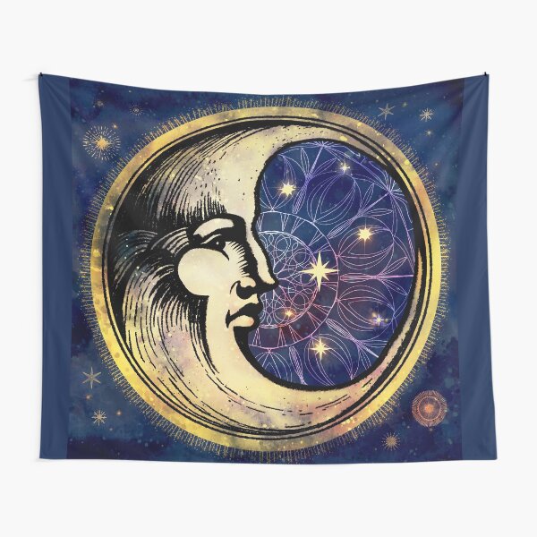 Celestial Antique Man In The Moon Watercolor Batik Tapestry