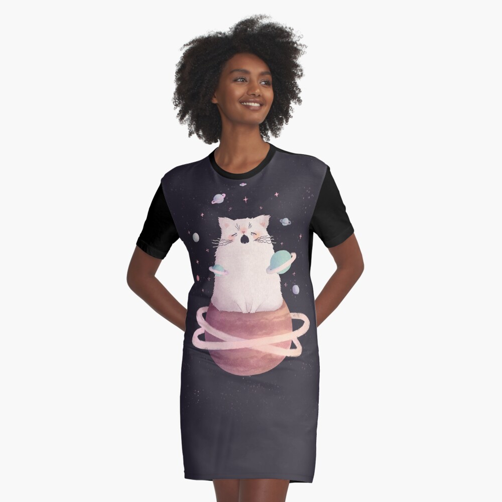 Yawning Space God Cat Graphic T-Shirt Dress