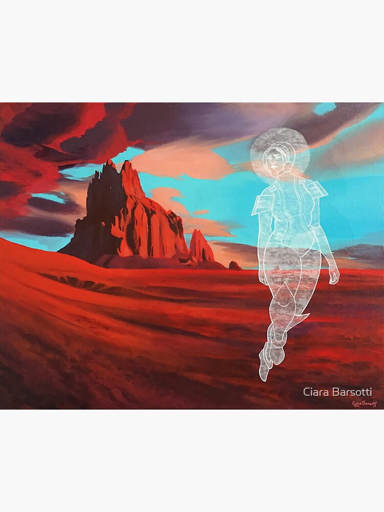 "Red Shiprock Mountain Turquoise Sky Retro Space Girl Astronaut