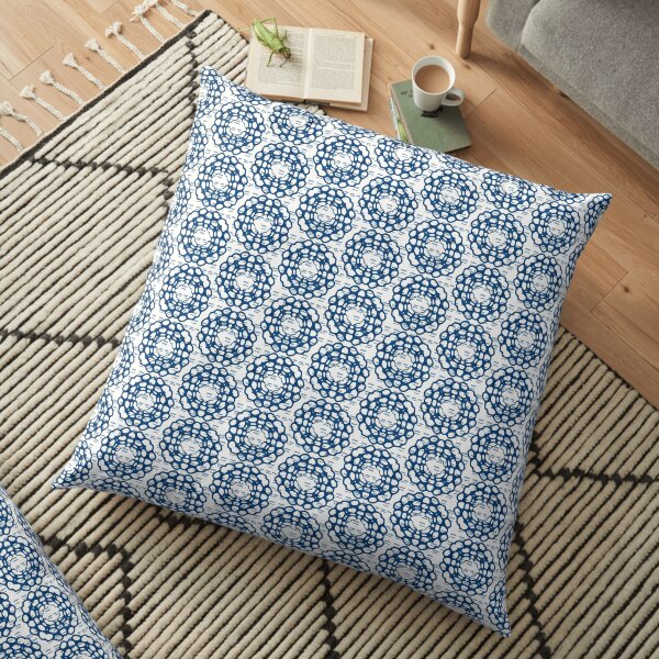 Japanese Geometric Flower Stitching in Blue and White Floor Pillow