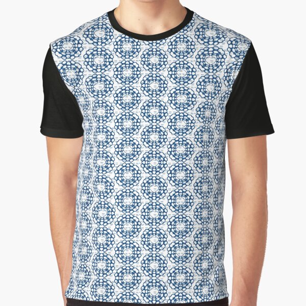 Japanese Geometric Flower Stitching in Blue and White Graphic T-Shirt