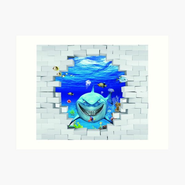 Wall mural: Shark swims out of the hole in the wall Art Print