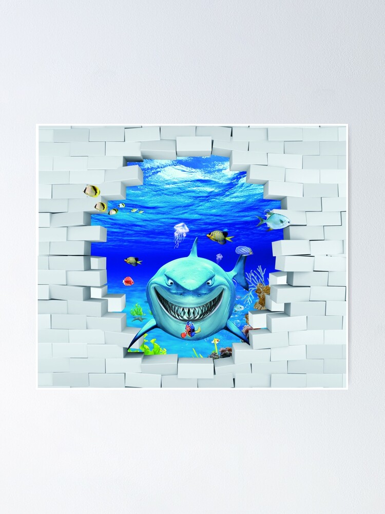 Alternate view of Wall mural: Shark swims out of the hole in the wall Poster