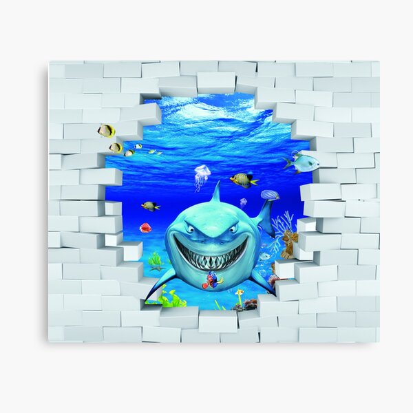 Wall mural: Shark swims out of the hole in the wall Canvas Print