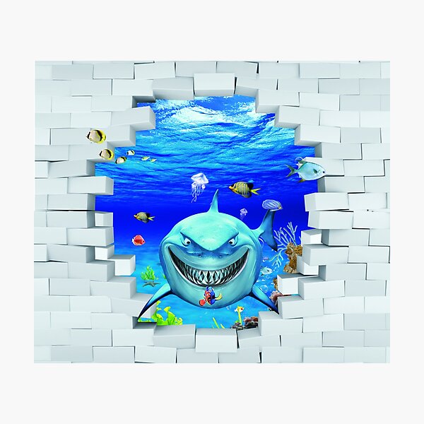 Wall mural: Shark swims out of the hole in the wall Photographic Print