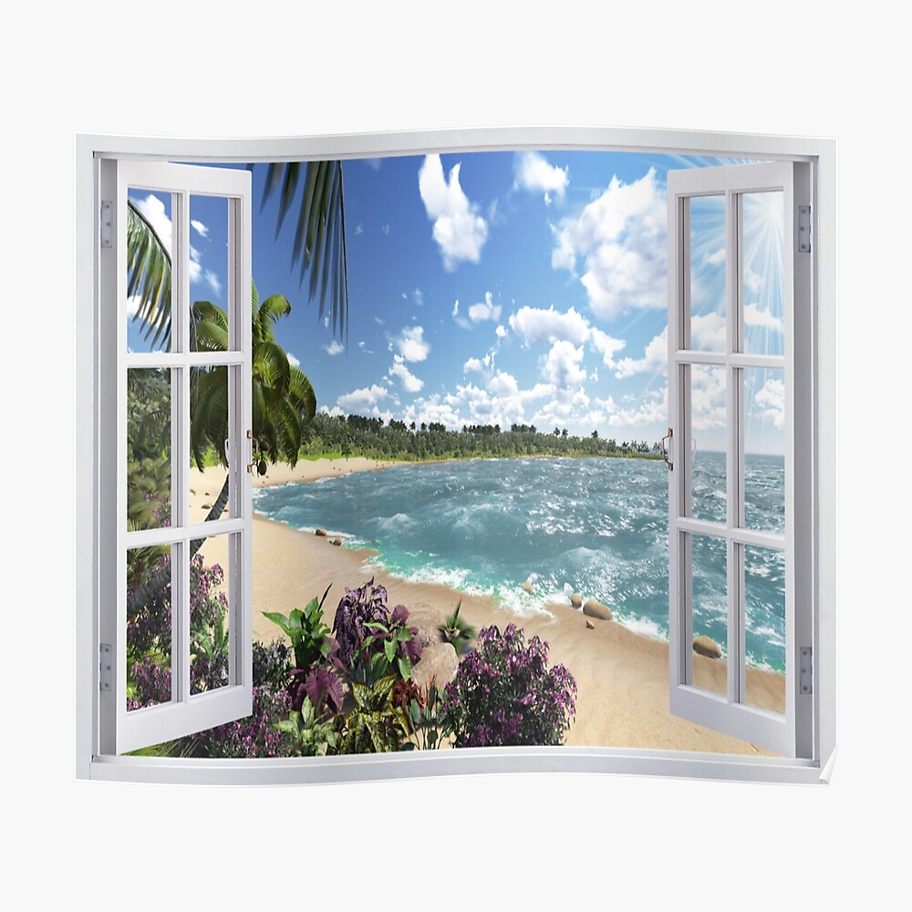 Beautiful Beach Window Views of Tropical Island, poster,840x830,f8f8f8-pad,1000x1000,f8f8f8