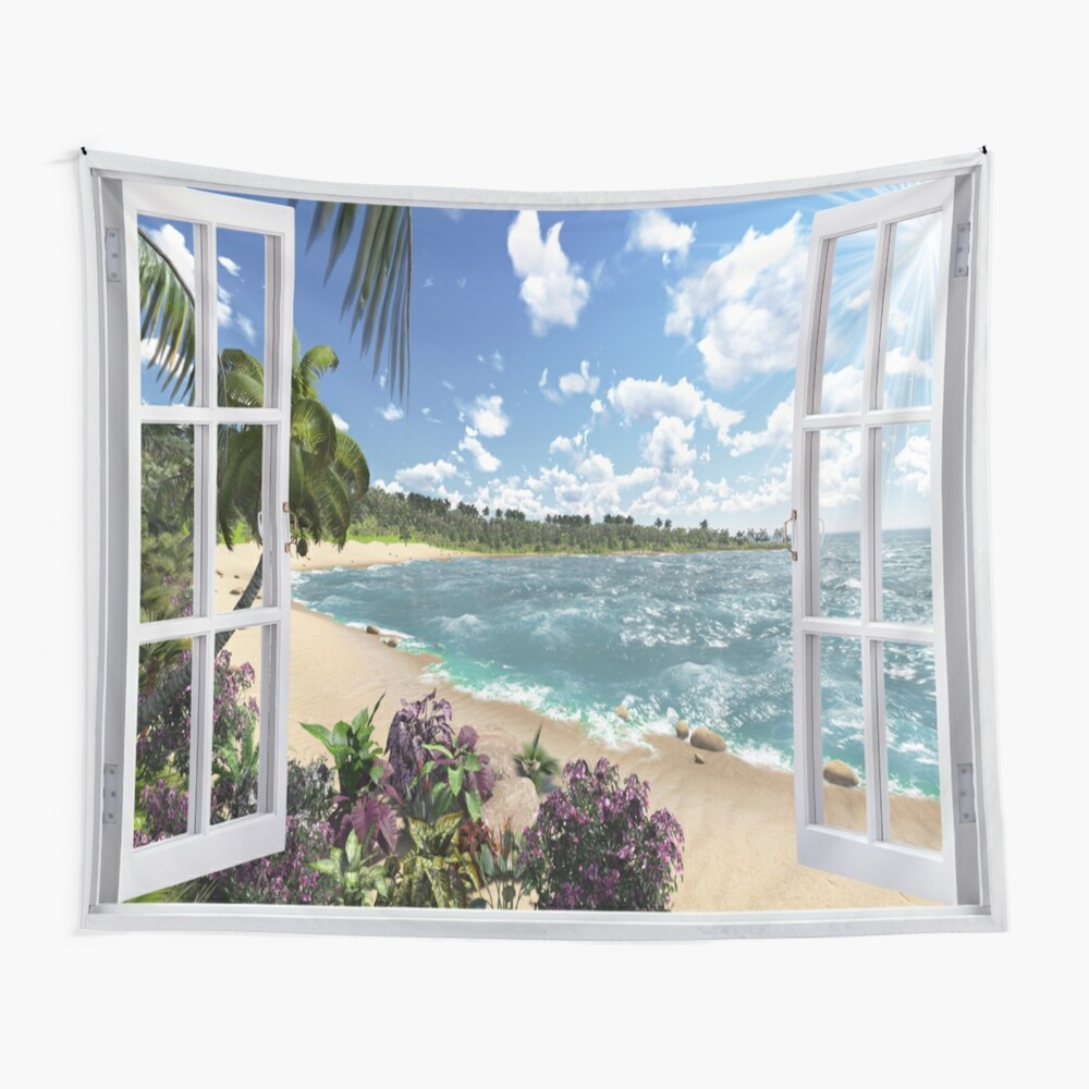 Beautiful Beach Window Views of Tropical Island, tapestry,1200x-pad,1000x1000,f8f8f8