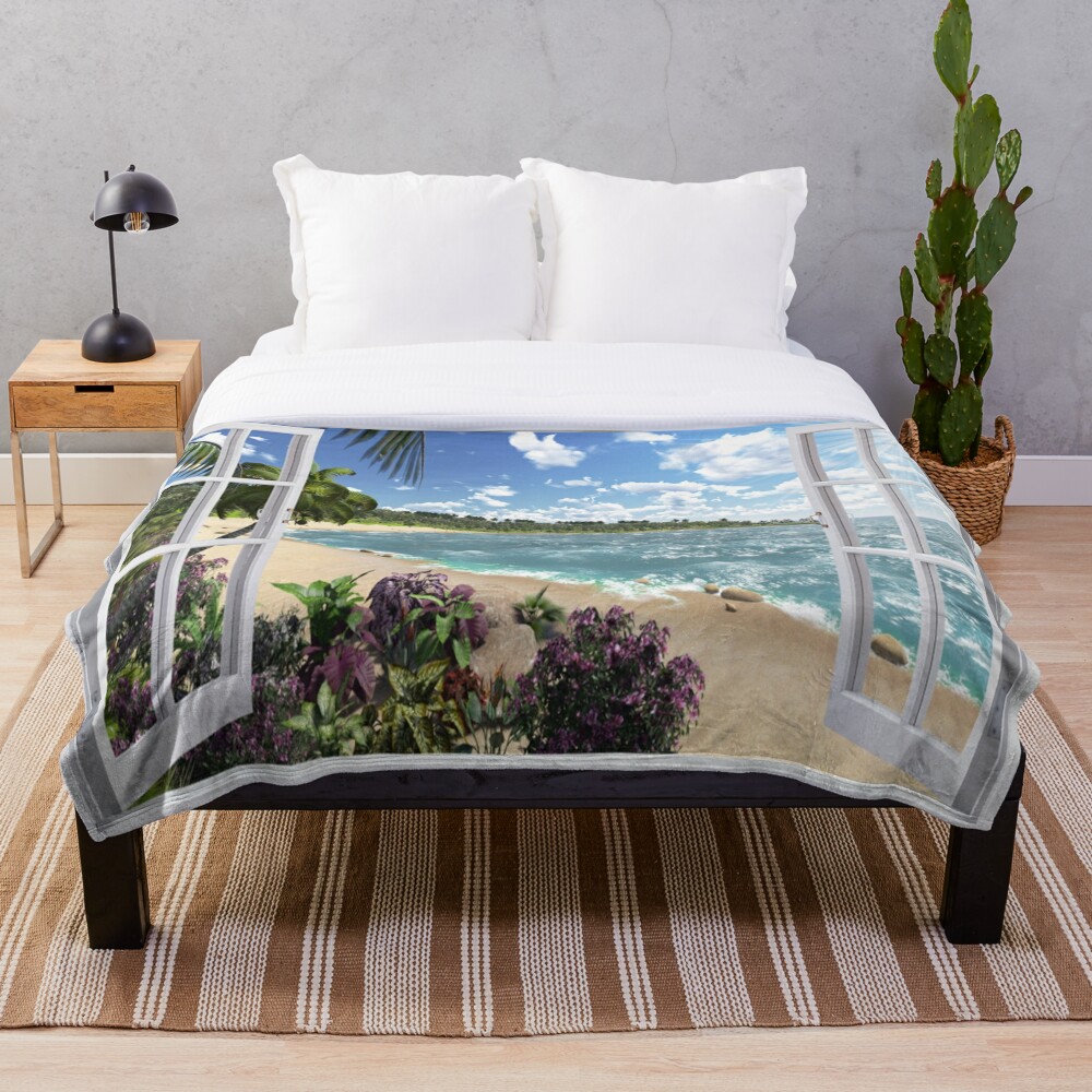 Beautiful Beach Window Views of Tropical Island, ur,blanket_medium_bed,square,x1000