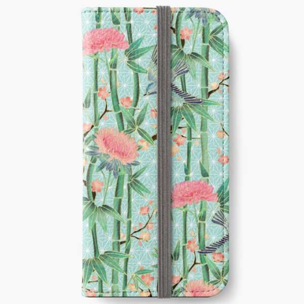 Bamboo, Birds and Blossom - soft blue green iPhone Wallet