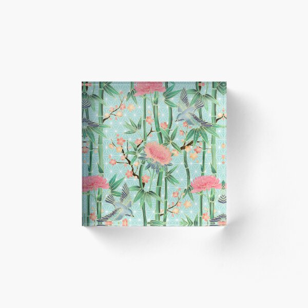 Bamboo, Birds and Blossom - soft blue green Acrylic Block
