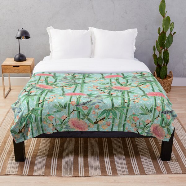 Bamboo, Birds and Blossom - soft blue green Throw Blanket