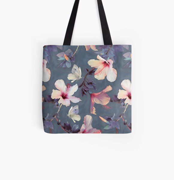 Butterflies and Hibiscus Flowers - a painted pattern All Over Print Tote Bag