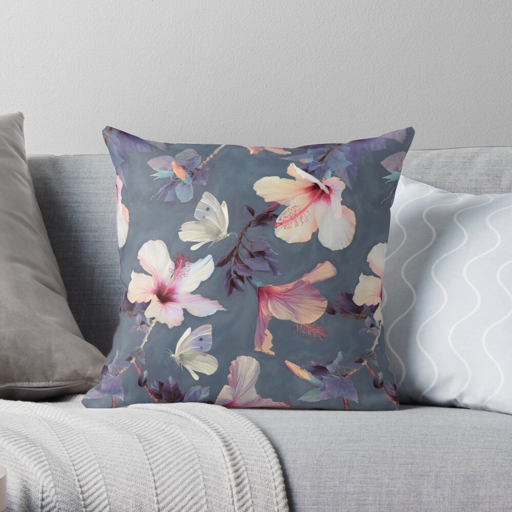 Butterflies and Hibiscus Flowers - a painted pattern Throw Pillow