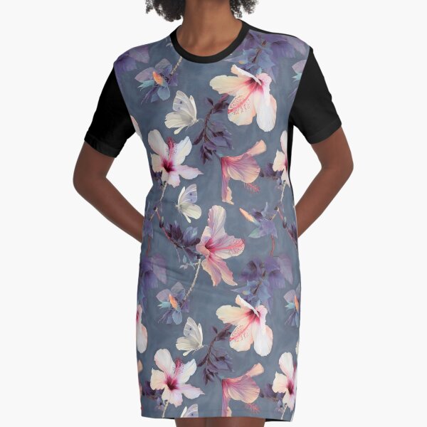 Butterflies and Hibiscus Flowers - a painted pattern Graphic T-Shirt Dress