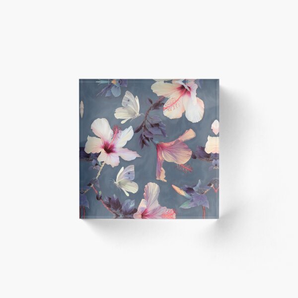 Butterflies and Hibiscus Flowers - a painted pattern Acrylic Block