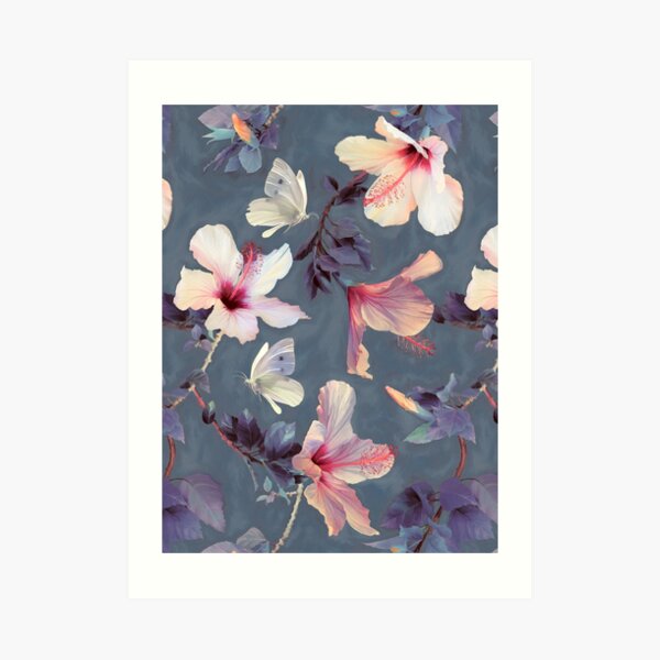 Butterflies and Hibiscus Flowers - a painted pattern Art Print