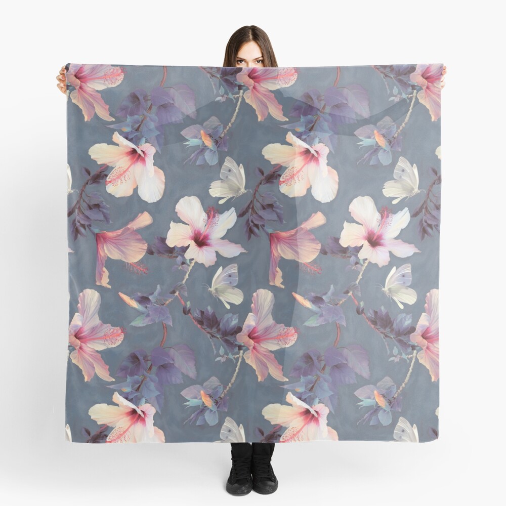 Butterflies and Hibiscus Flowers - a painted pattern Scarf